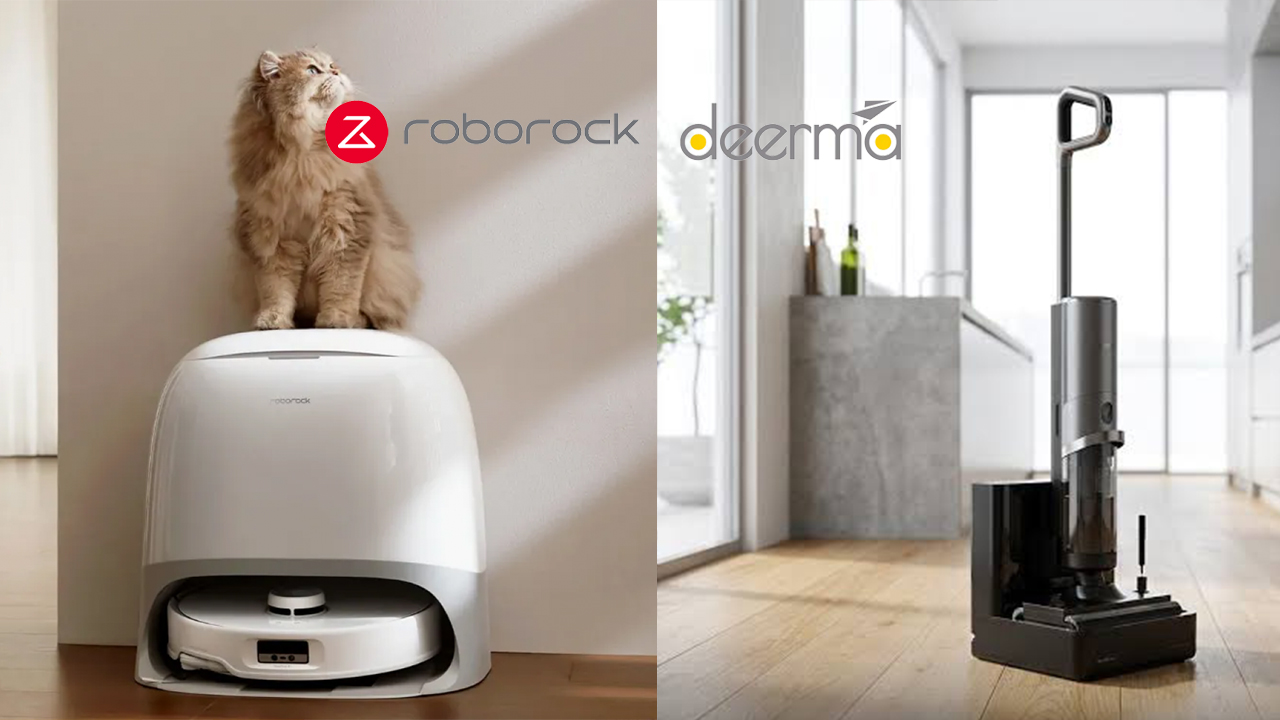 Робот-пылесос Roborock и вертикальный пылесос Deerma рядом на полу