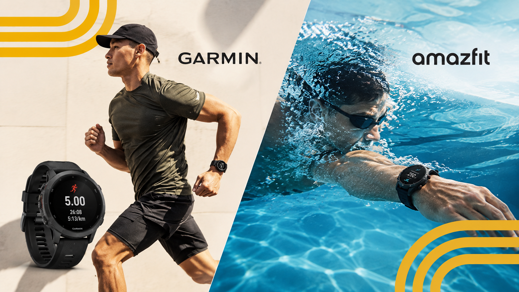 март-часы Garmin на руке бегуна и часы Amazfit во время плавания